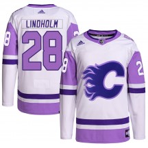 Youth Adidas Calgary Flames Elias Lindholm White/Purple Hockey Fights Cancer Primegreen Jersey - Authentic