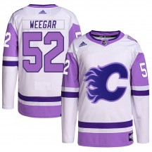 Youth Adidas Calgary Flames MacKenzie Weegar White/Purple Hockey Fights Cancer Primegreen Jersey - Authentic