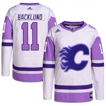 Men's Adidas Calgary Flames Mikael Backlund White/Purple Hockey Fights Cancer Primegreen Jersey - Authentic