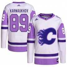Men's Adidas Calgary Flames Pavel Karnaukhov White/Purple Hockey Fights Cancer Primegreen Jersey - Authentic