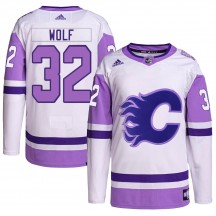 Men's Adidas Calgary Flames Dustin Wolf White/Purple Hockey Fights Cancer Primegreen Jersey - Authentic