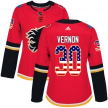 Women's Reebok Calgary Flames Mike Vernon Red USA Flag Fashion Jersey - Authentic