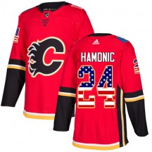 Men's Adidas Calgary Flames Travis Hamonic Red USA Flag Fashion Jersey - Authentic