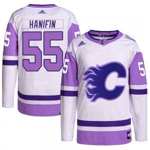 Youth Adidas Calgary Flames Noah Hanifin White/Purple Hockey Fights Cancer Primegreen Jersey - Authentic