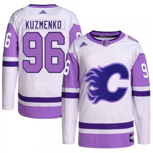 Youth Adidas Calgary Flames Andrei Kuzmenko White/Purple Hockey Fights Cancer Primegreen Jersey - Authentic