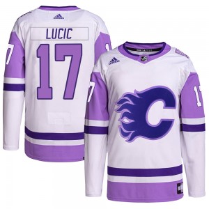 Youth Adidas Calgary Flames Milan Lucic White/Purple Hockey Fights Cancer Primegreen Jersey - Authentic
