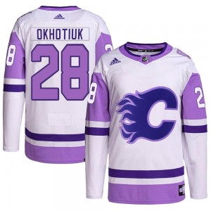Youth Adidas Calgary Flames Nikita Okhotiuk White/Purple Hockey Fights Cancer Primegreen Jersey - Authentic