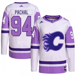 Youth Adidas Calgary Flames Brayden Pachal White/Purple Hockey Fights Cancer Primegreen Jersey - Authentic