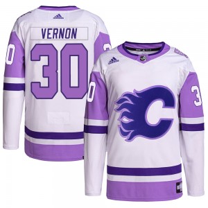 Youth Adidas Calgary Flames Mike Vernon White/Purple Hockey Fights Cancer Primegreen Jersey - Authentic