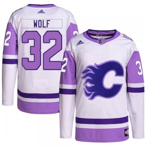 Youth Adidas Calgary Flames Dustin Wolf White/Purple Hockey Fights Cancer Primegreen Jersey - Authentic