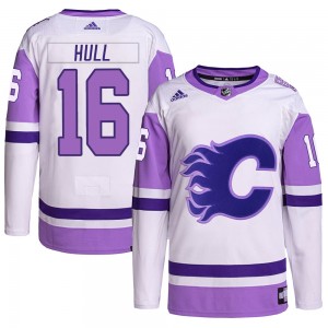 Men's Adidas Calgary Flames Brett Hull White/Purple Hockey Fights Cancer Primegreen Jersey - Authentic