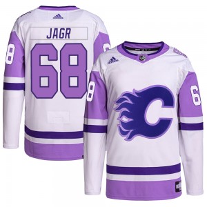 Men's Adidas Calgary Flames Jaromir Jagr White/Purple Hockey Fights Cancer Primegreen Jersey - Authentic