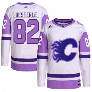Men's Adidas Calgary Flames Jordan Oesterle White/Purple Hockey Fights Cancer Primegreen Jersey - Authentic