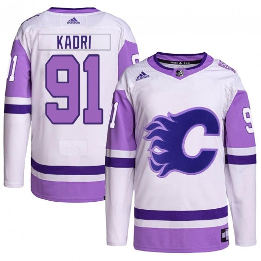 Men's Adidas Calgary Flames Nazem Kadri White/Purple Hockey Fights Cancer Primegreen Jersey - Authentic