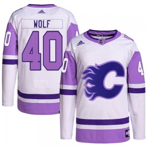 Youth Adidas Calgary Flames Dustin Wolf White/Purple Hockey Fights Cancer Primegreen Jersey - Authentic
